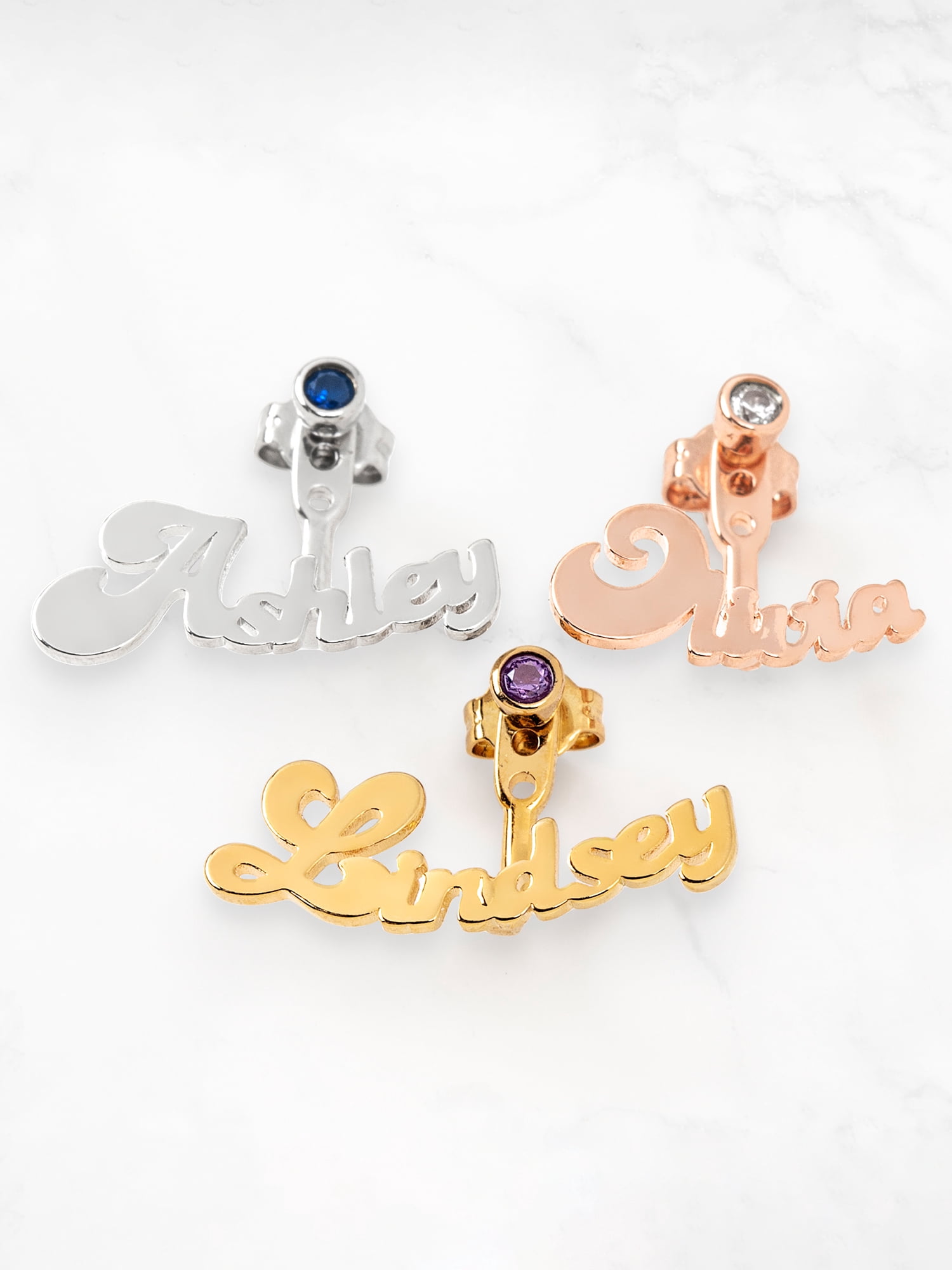 Personalized Bubble Script Name and Birthstone Front/ Back Earrings