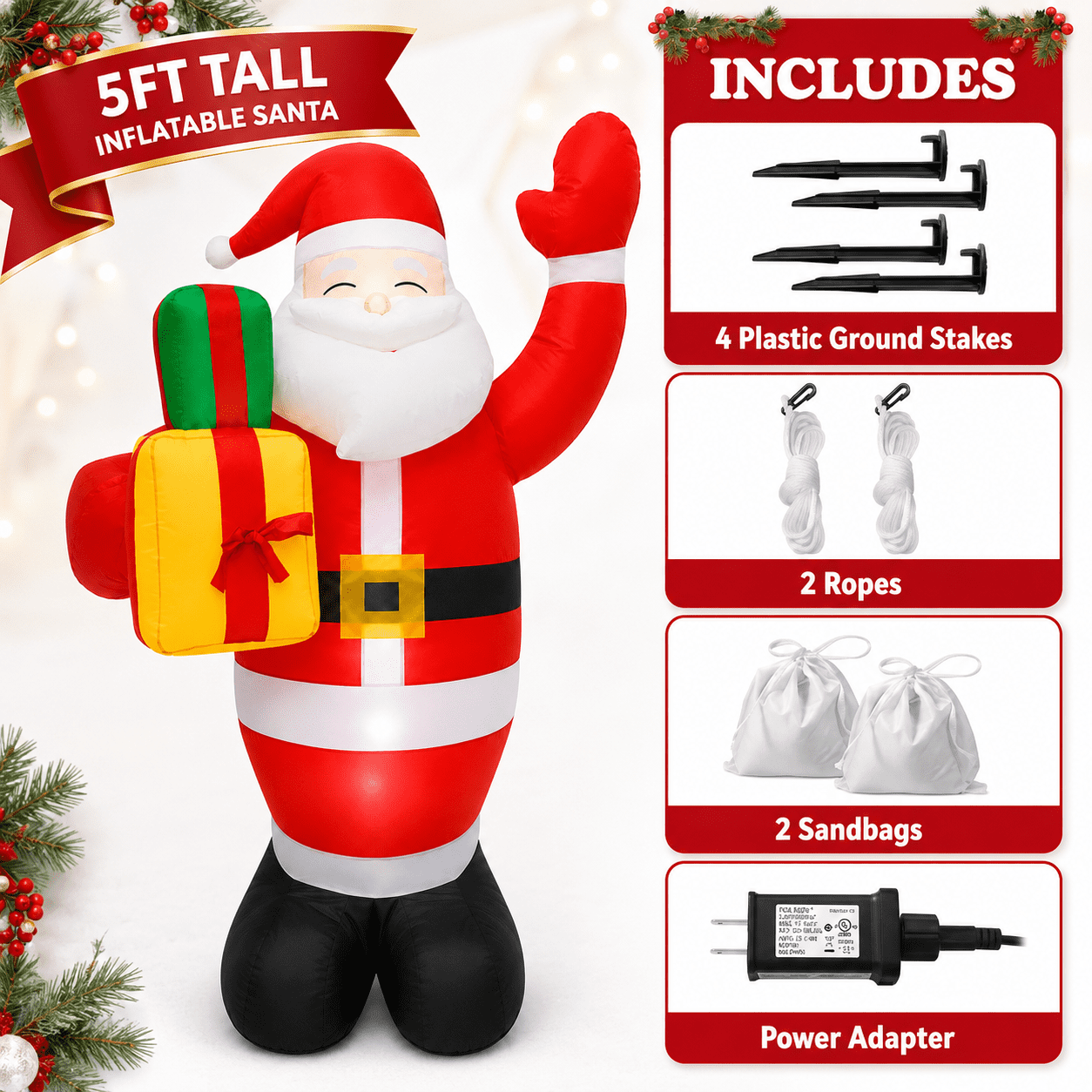 5FT Christmas Inflatable Santa Claus, Outdoor Yard Decoration with Rotating  LED Lights