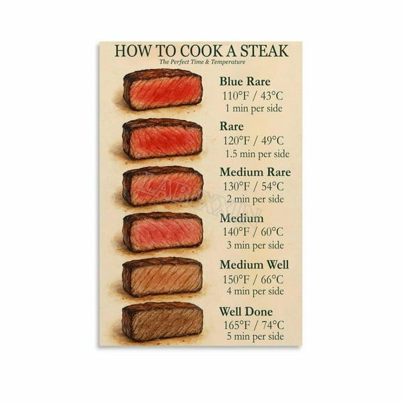 Steak Doneness And Temperature Guide Chart Poster (12) Canvas for Bedroom Living Room Decor