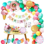 YANSION Donut Birthday Decorations for Girls, Candyland Party Supply Decors Pastel Balloon Garland Kit with Ice Cream Lollipop Balloon Happy Birthday Banner for Candy Baby Shower 18th