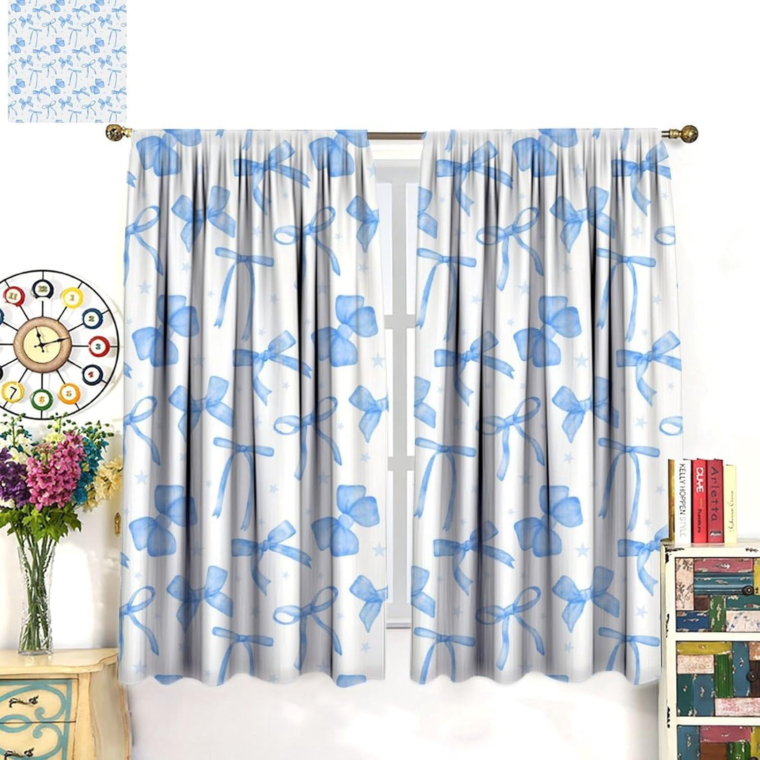 Blue Bow Curtains for Girls, Coquette Ribbon Bow Princess Romantic Aesthetic Window Drapes Curtain for Kids Girls Bedroom Livingroom Bathroom, 63" W X 63" L
