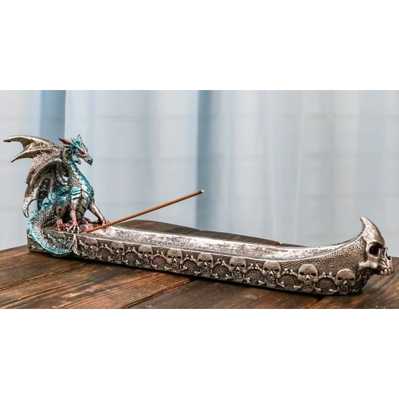 Blue Azureo Dragon On River Styx Boat of Skulls Incense Burner Holder Figurine