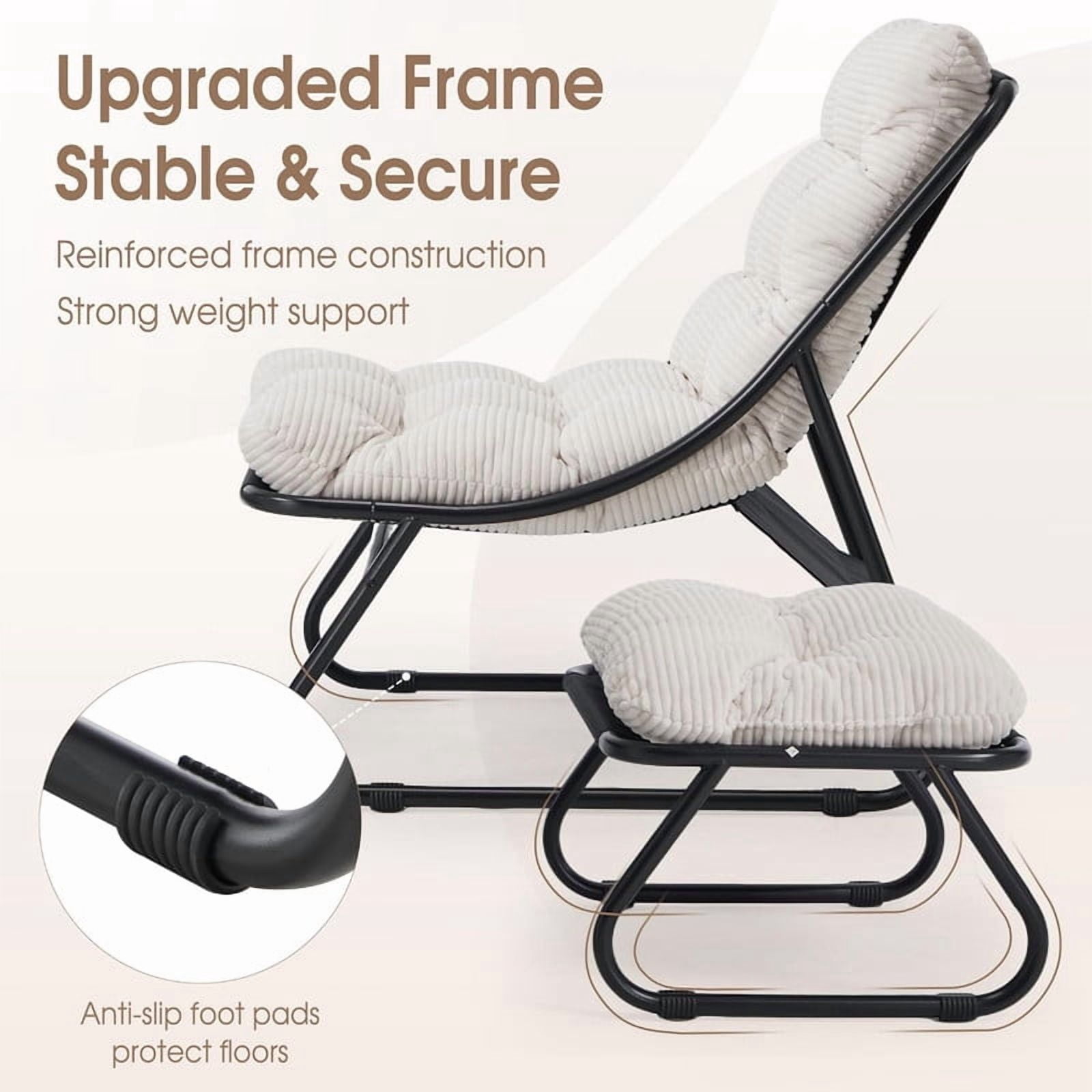 Modern Patio Lounge Chair with Ottoman, Comfy Sling Recliner Chair with Puffy Cushion and Foot Stool for Indoor Outdoor Living Room