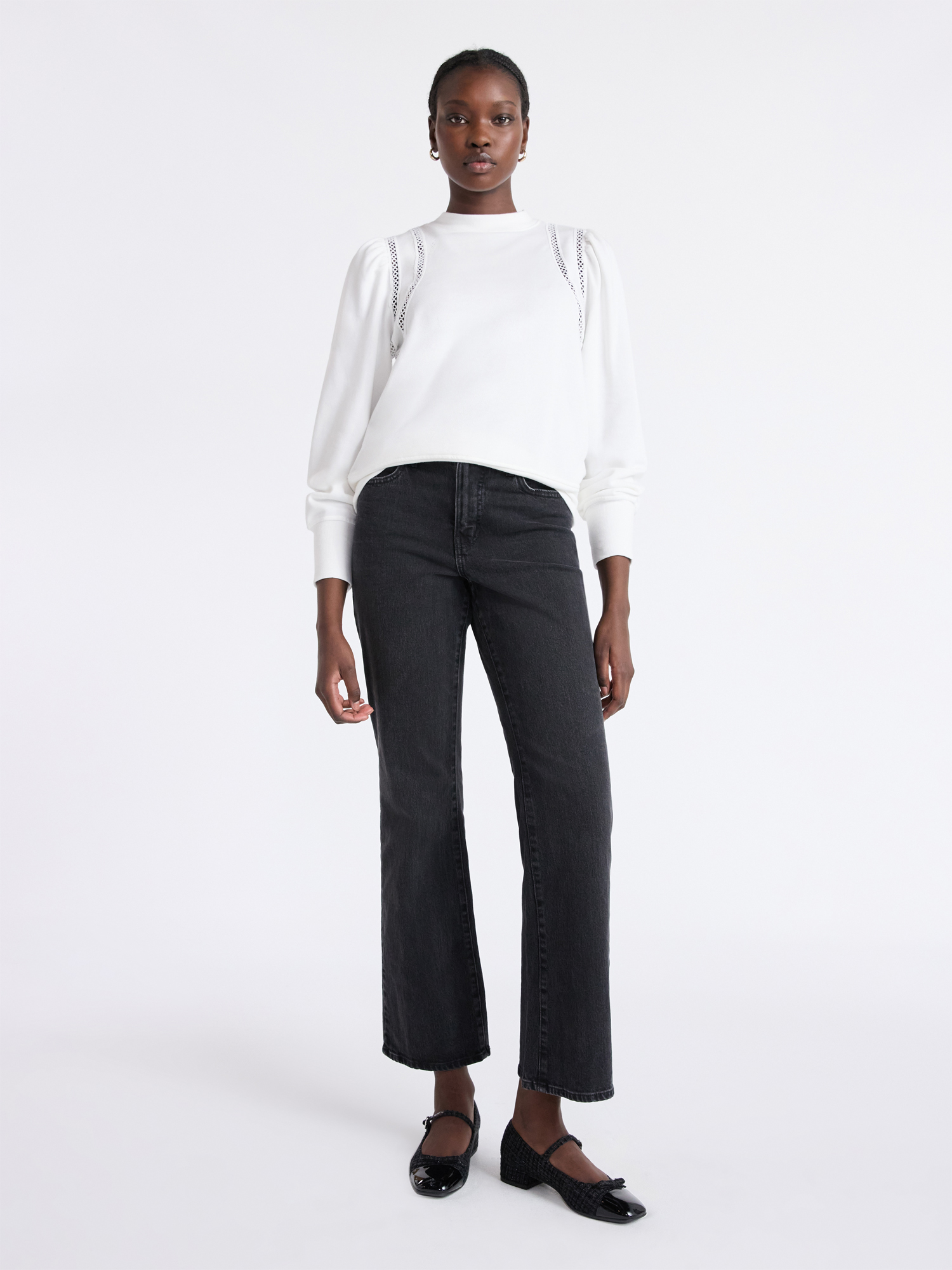 Free Assembly Women's French Terry Sweatshirt with Lace Inset and Long Puff Sleeves, Sizes XS-XXL