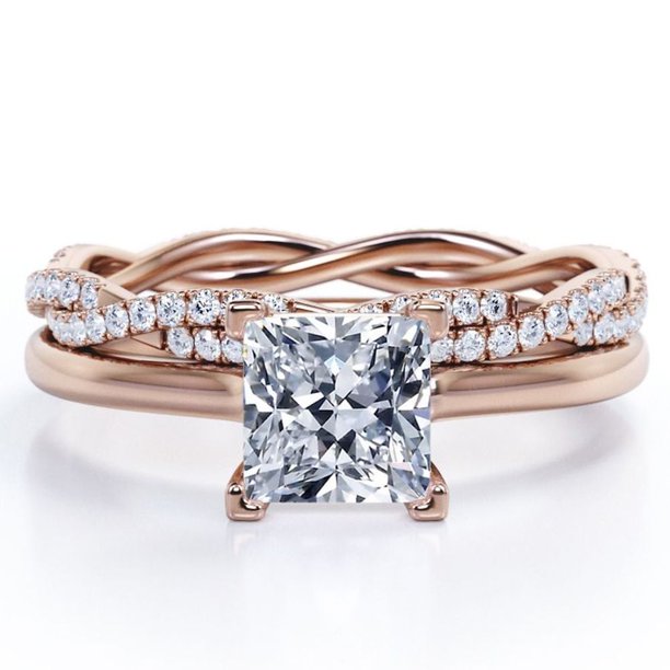 JeenMata Juego de Anillos de Boda de Cuatro Puntas con Corte Princesa de 1,50 Quilates Infinity Eternity en Baño de Oro Rosa de 18 K sobre Plata (Personaliza la Banda de Tu Anillo de Bodas)