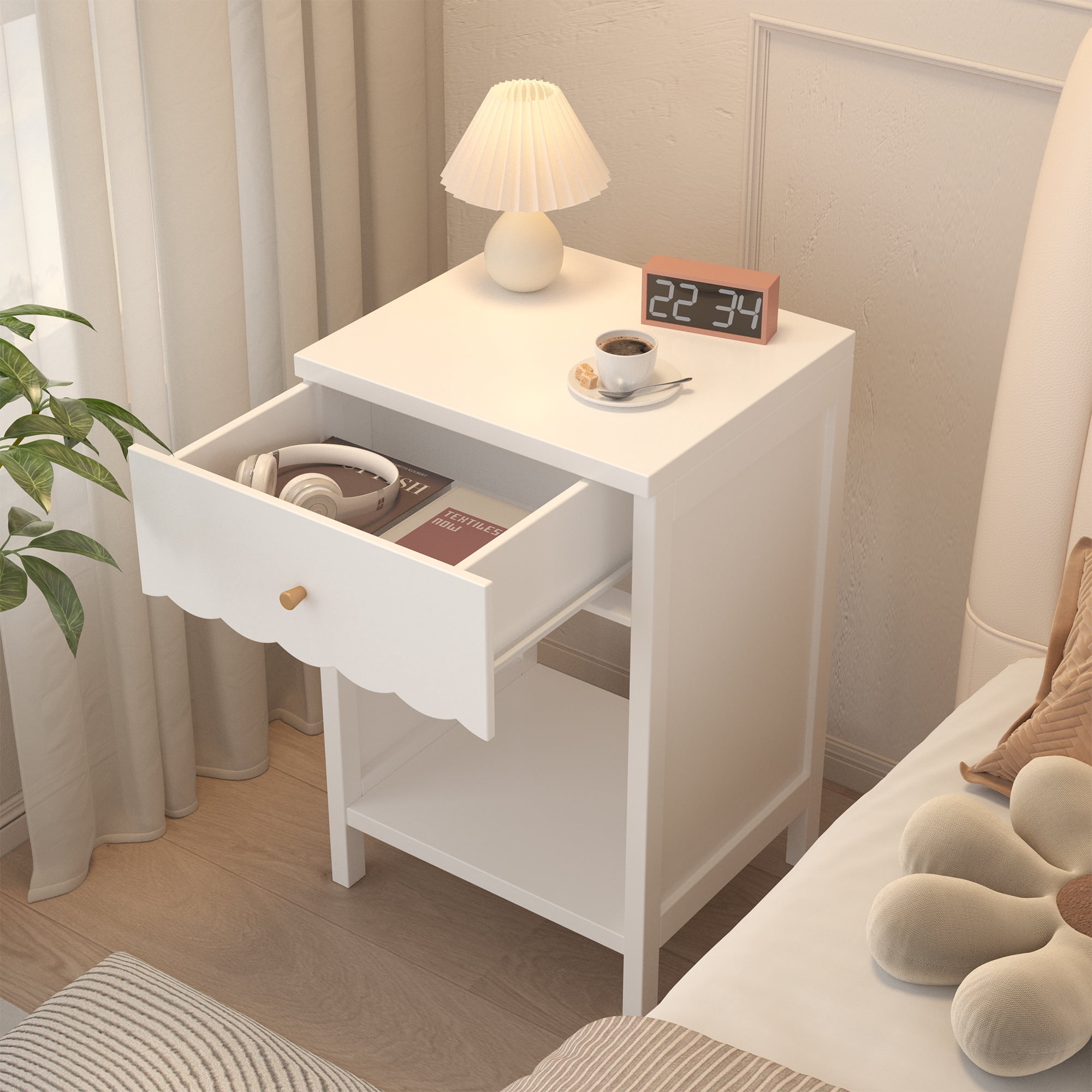 Modern White Nightstand with Drawer & Open Shelf, Scalloped Edge Bedside Table, Minimalist Cute Side Table for Bedroom Kids Room Girls Room