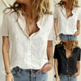 thumbnail image 4 of Women Summer Short Sleeve Shirts Tops,Trendy Button Down V Neck Tunic Shirt Solid Color Loose Fit Casual Plus Size Blouses, 4 of 5