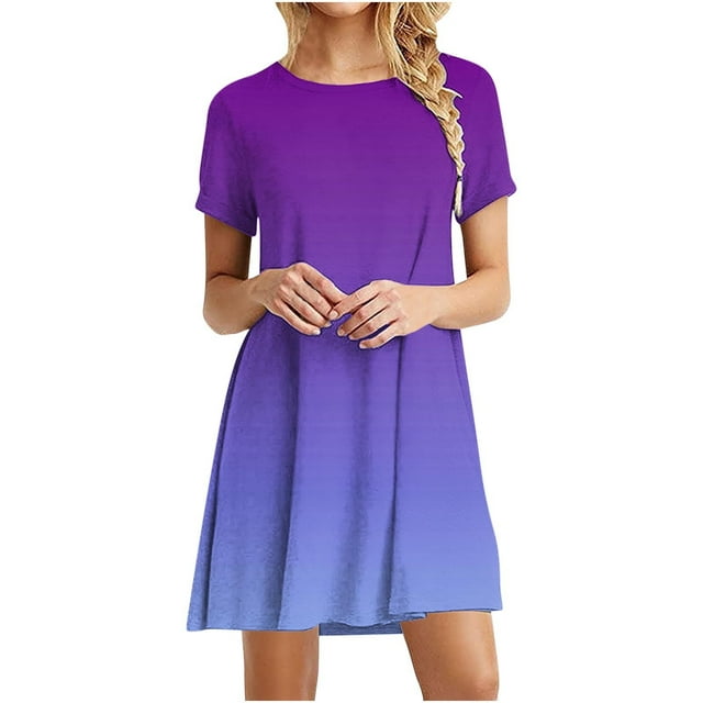VEKDONE Womens Casual Printed Short Sleeve Round Neck Ladies Dress Purple S