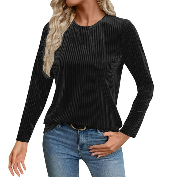 RQYYD Womens Velvet Long Sleeve Shirts Trendy Sweaters Lightweight Casual Crewneck Fall Tunic Tops Loose Fit Dressy