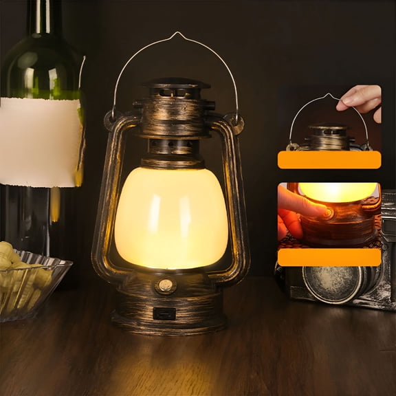 HIBIBUD Rustic Lantern Table Lamp, Vintage LED Hand Light with USB Charging, Portable Hanging Night Light for Indoor Outdoor, Bronze Camping Lamp for Bedroom Living Room and Patio Decor