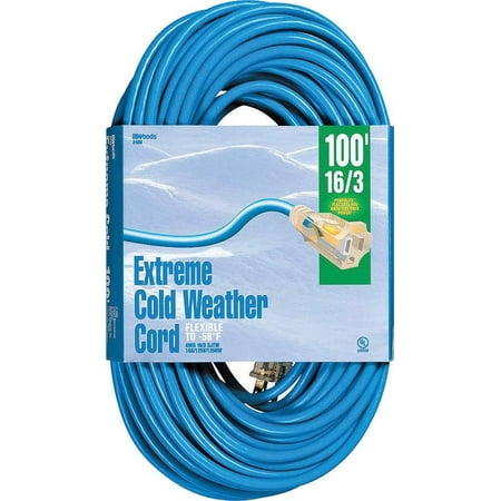 Woods Cold Flex SJTW Outdoor Extension Cord With Powerlite Lightened End, 3 16 AWG Bare Copper Condu
