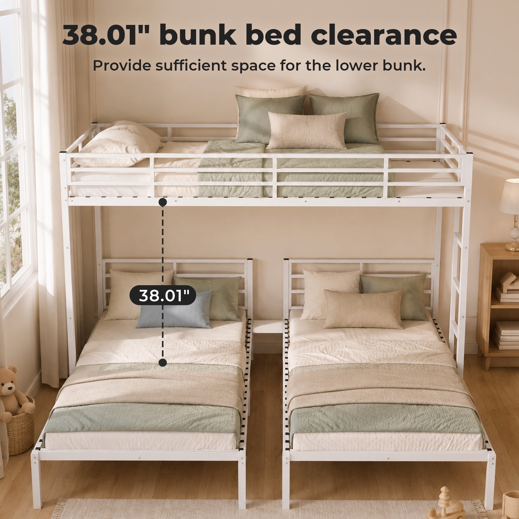 Alvantor Triple Bunk Bed for Kids, Metal Bunk Bed with Stairs,Separates Into 3 Twin Beds White