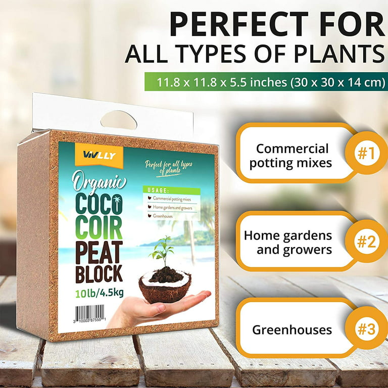 Compressed Coco Peat Organic Coir Block 10 Pounds Pack Natural Seed Starter  With Low EC and PH Balance by Vivlly Planting Soil Mix 