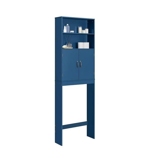 Over The Toilet Cabinet, Double Door Bathroom Storage Organizer, Toilet Rack with Inner Adjustable Shelf and 2 Upper Open Compartments, Blue