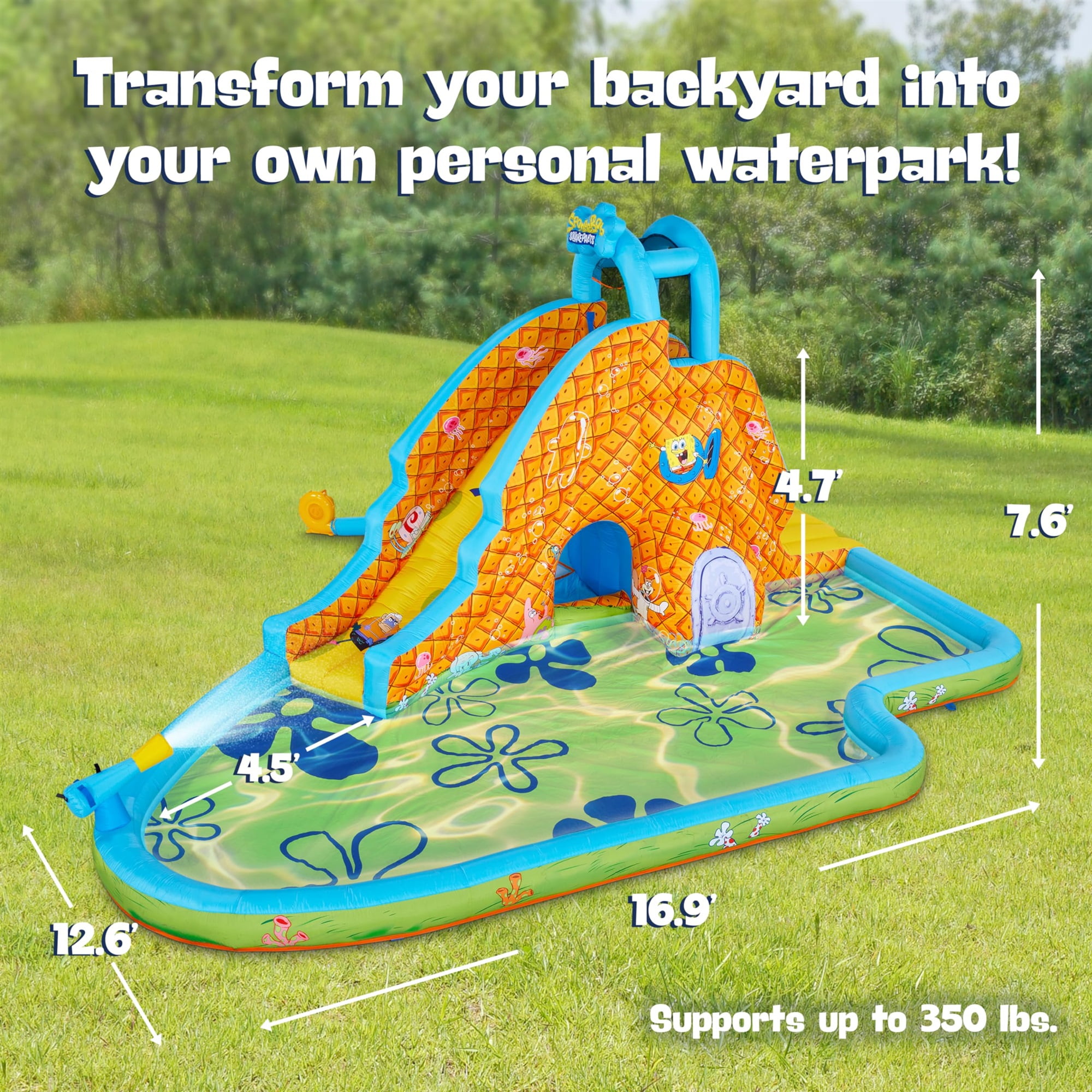 Sunny & Fun Fun SpongeBob Inflatable Waterslide with Climbing Wall, Splash Pool, and Blower