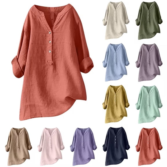 Bovxnpu Long Sleeve Shirts Cotton Linen Blouses V-Neck Long Sleeve Loose Button Cotton And Linen Tunic Summer Tops (Women's or Women's Plus)