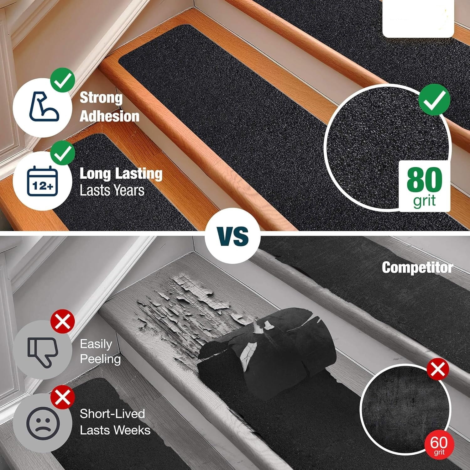 Outdoor Stair Treads Non Slip 30" x 8" - 12-Pack Weather Resistant Exterior Grip Tape for Wooden Steps - Anti Skid Strips - Waterproof 80-Grit Adhesive Treads