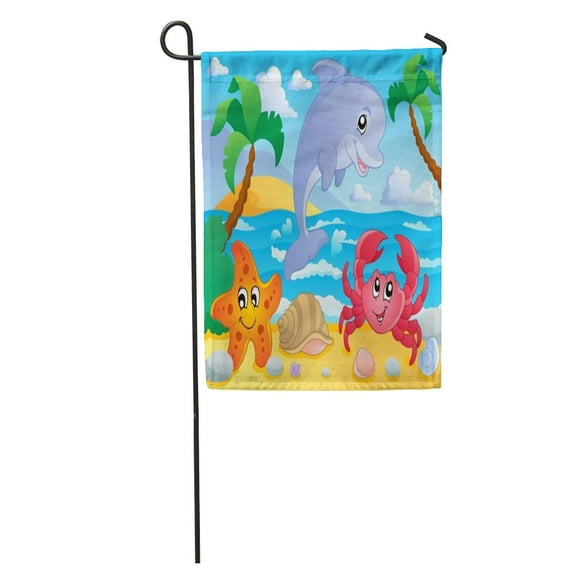 POGLIP Dolphin Beach Scenery Cartoon Scene Crab Ocean Seaside Bay Garden Flag Decorative Flag House Banner 12x18 inch