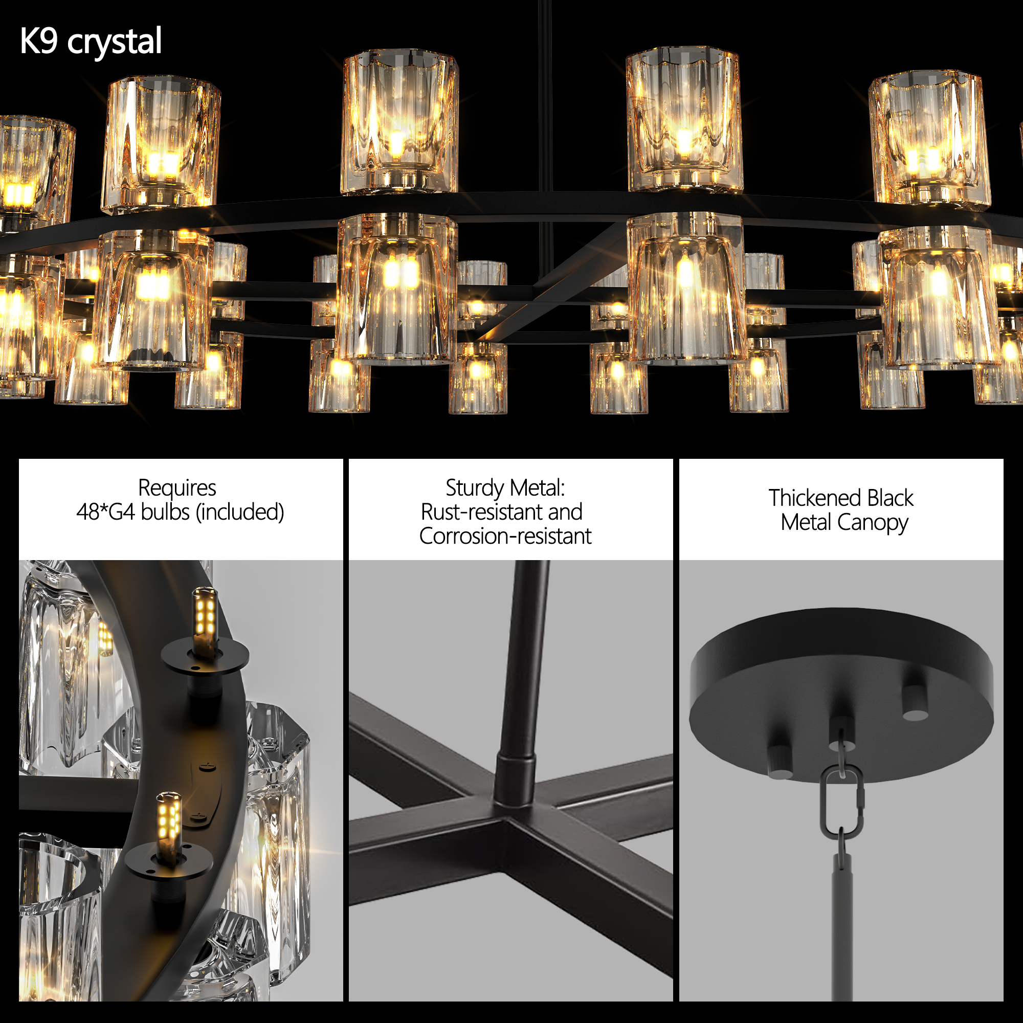 Modern 48-Inch Wagon Wheel Crystal Chandelier in Black, 48-Light Dimmable Foyer Light Fixture with K9 Crystal Shades for Dining Room Living Room, Adjustable Height, G4 Bulbs Included