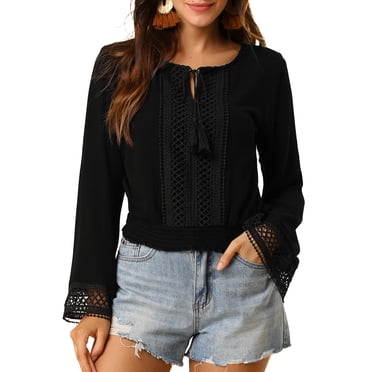INSPIRE CHIC Women's Tops Bell Sleeves Boho Lace Eyelet Smocked Waist Peasant Blouse Black XL