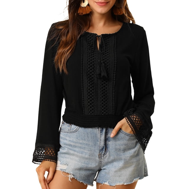 INSPIRAR CHIC Blusas de Mujer con Mangas de Campana, Encaje Boho, Cintura Fruncida, Blusa Campesina Negra 3XL