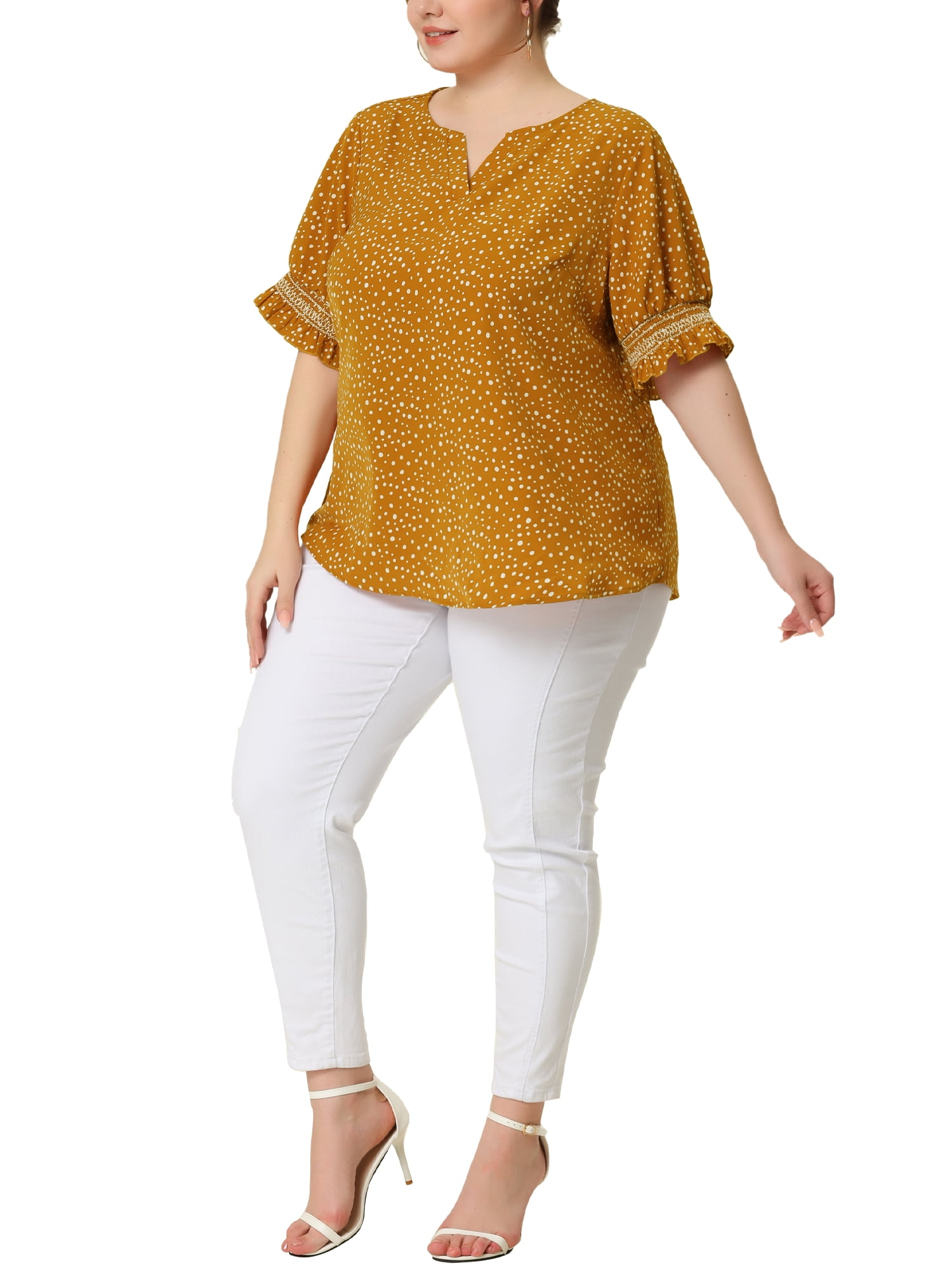 Unique Bargains Women's Plus Size Dots Heart Smocked Short Sleeve Blouse 3X Yellow