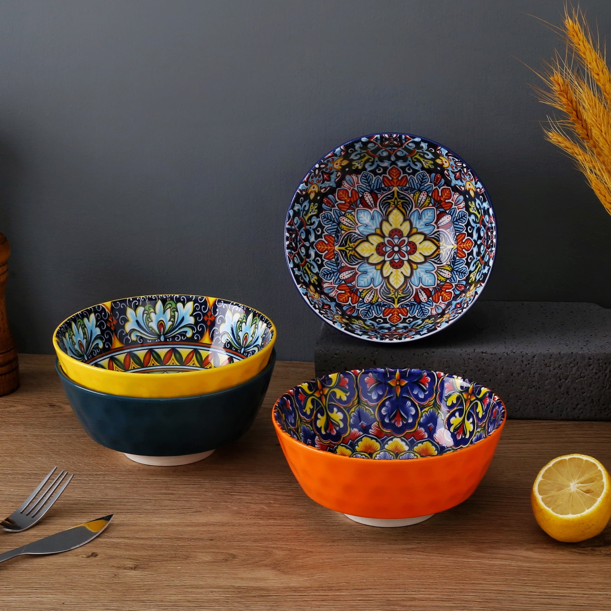 Artmica Porcelain Boho Cereal Bowls, Ceramic Soup Bowls Set of 4, 26 oz Colorful Bowls Set