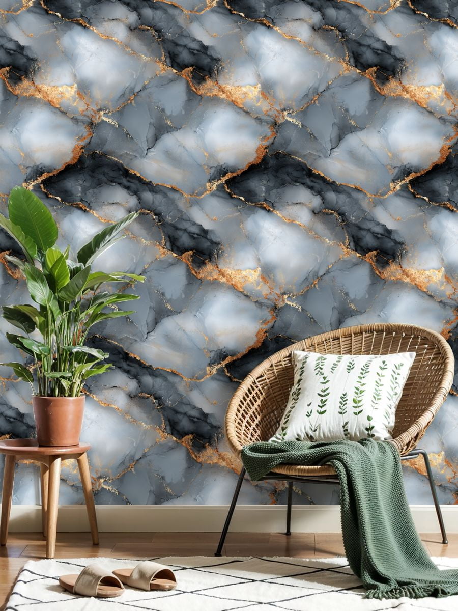 Peel and Stick Wallpaper Abstract Gray Gold Marble Design Cracked Wall Mural 17.7in x 9.8ft Self Adhesive Removable Wall Paper Renter Friendly Wallpaper for Nursery Bedroom Cabinets