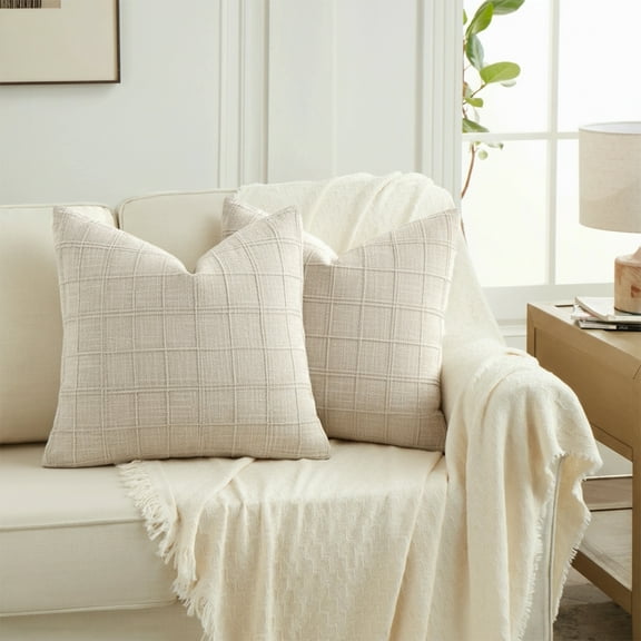 Fancy Homi 2 Packs Cream Boho Linen Check Decorative Throw Pillow Covers 18×18 Inch for Sofa Chair Couch Bedroom Living Room, Neutral Beige Farmhouse Vintage Cushion Cases Modern Home Decor, 45 cm