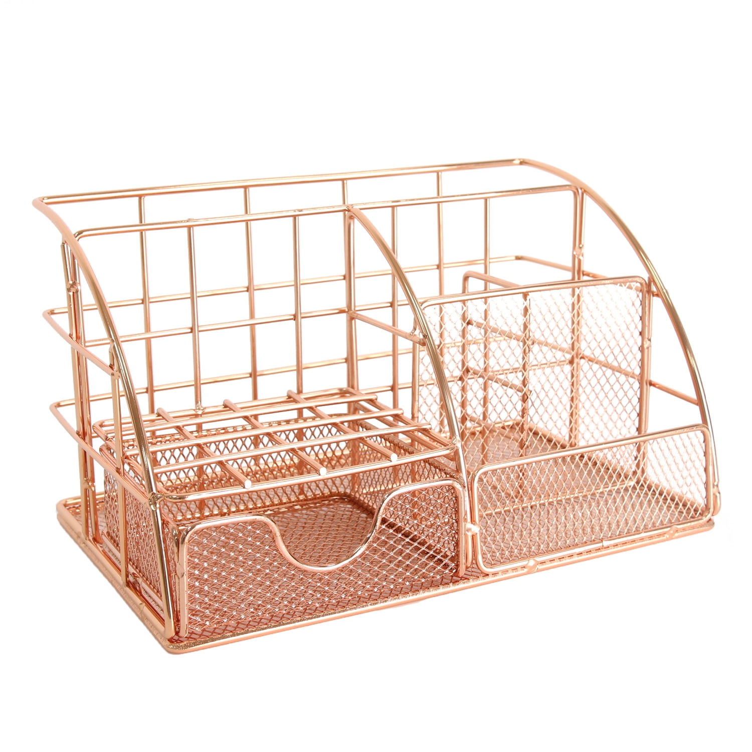 Rose Gold Desktop Organizer - Metal File Holder & Office Supply Rack - Multifunctional Storage for Stationery, Mail, Cosmetics - Compact Design for Home Office & Workspace