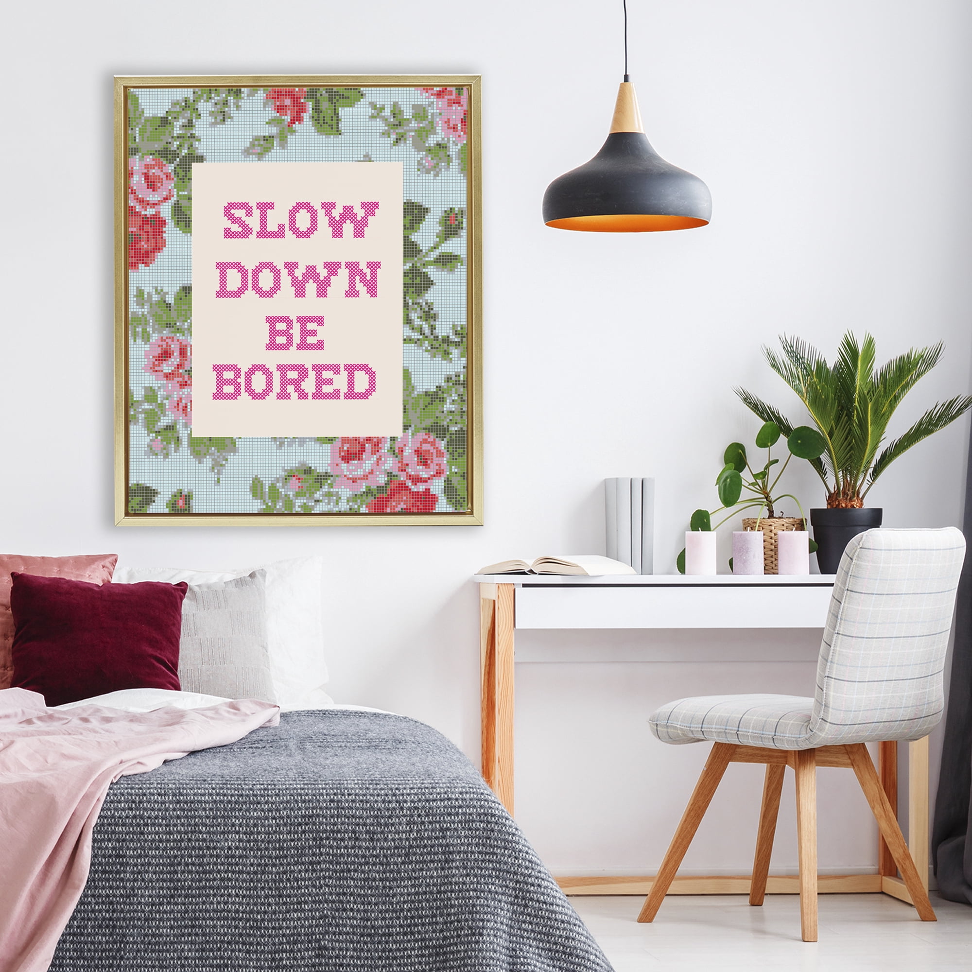 Stupell Industries Slow Down Be Bored Faux Cross Stitch Gold Framed Floater Canvas Wall Art, design by Lil' Rue