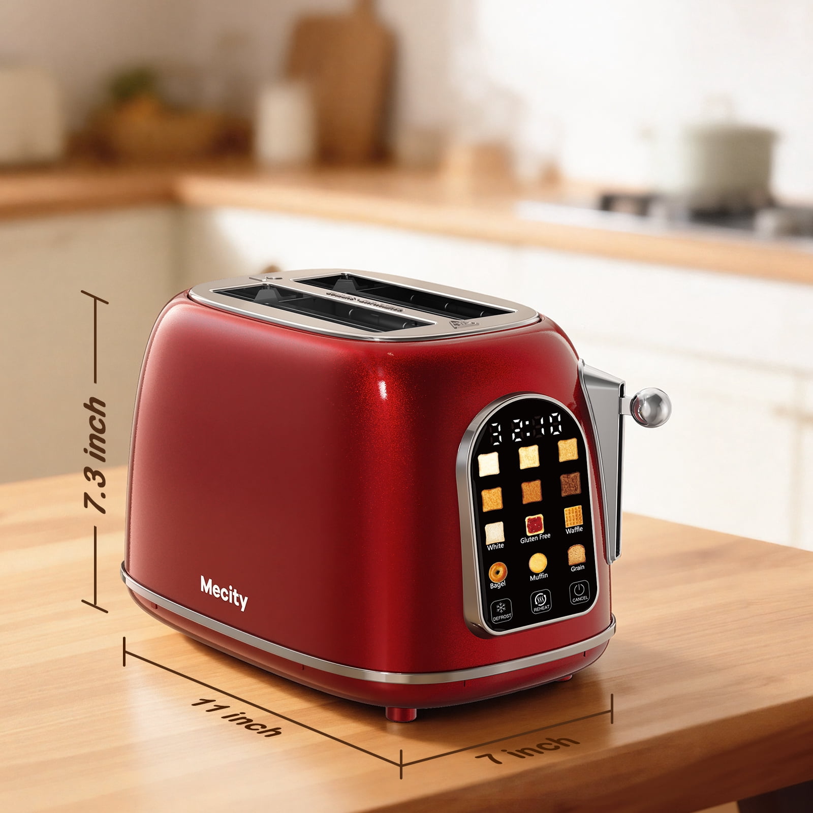 Mecity Easy Touch Screen Toaster 2 Slice – Retro Wide Slot Stainless Steel Toaster with Large Display, 6 Browning Levels, Bagel, Defrost & Reheat, Removable Crumb Tray, Red Pearl