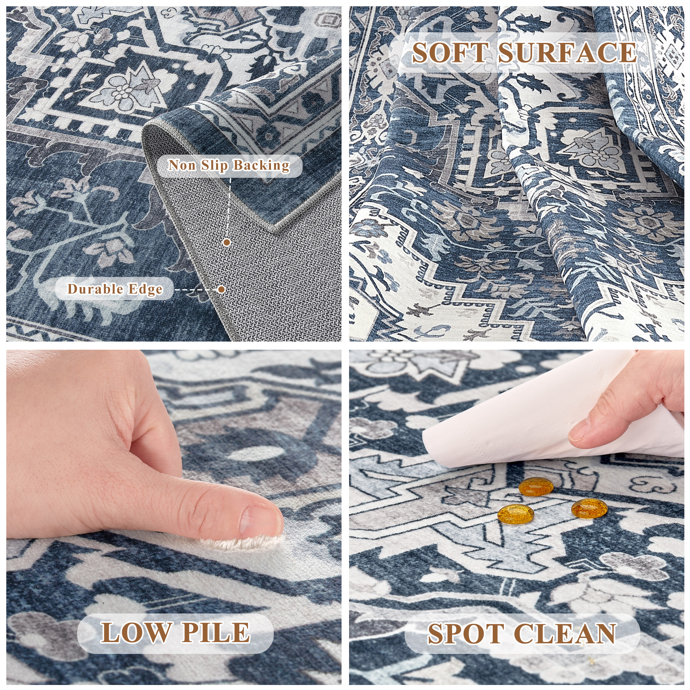 UERMEI 8x10 Washable Area Rugs for Living Room, Modern Vintage Printed Rug, Vacuum-Friendly, Non Slip Indoor Rug for Bedroom Dining Room Home Decor Carpet, Blue