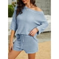 thumbnail image 3 of Women 2 Piece Outfits Sweater Sets Solid Off Shoulder Knit Suit Pullover & Shorts, 3 of 4