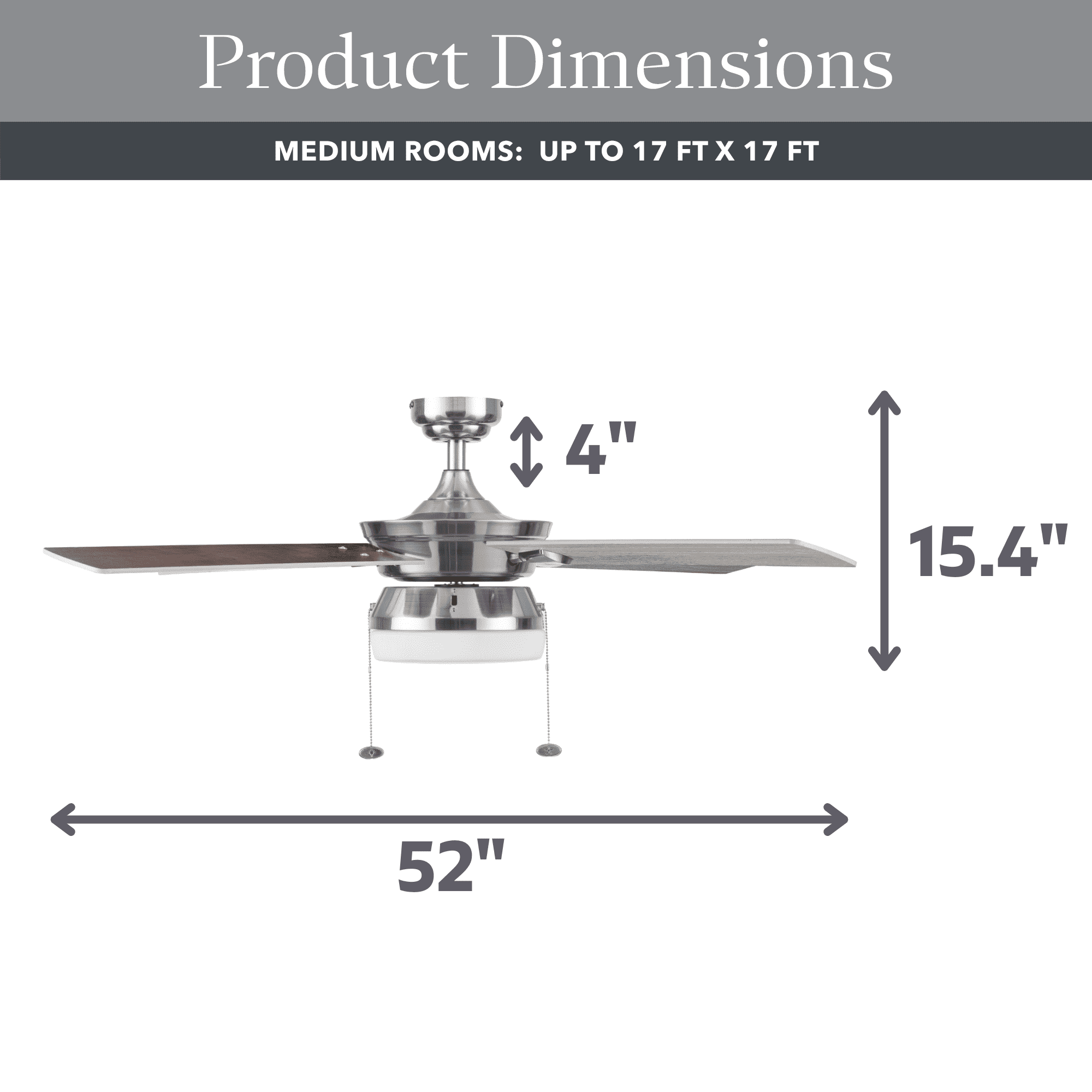 Better Homes & Gardens Blair 52" Nickel Modern Indoor Ceiling Fan with Light, 4 Blades, Pull Chains & Reverse Airflow