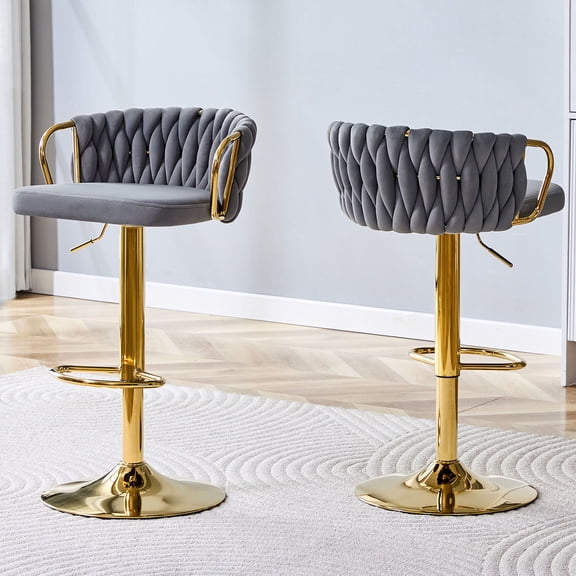 S-HOME Set of 2 Adjustable Height Modern Velvet Bar Stools with Gold Base and Woven Rope Backrest for Home Dining,Gray