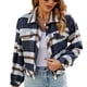 thumbnail image 1 of Chaqueta estilo camisa a cuadros XL, manga larga, hombros caídos, azul oscuro, cierre de un botón, cuello vuelto, estilo casual elegante, 1 of 6