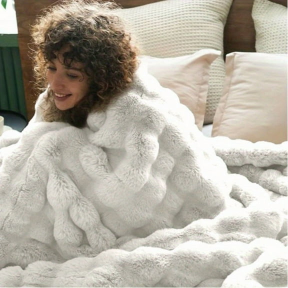 Reversible Luxury Faux Rabbit Fur Throw Blanket - Ultra Soft Fluffy Bubble Plush, Warm Cozy Winter Blanket for Living Room Bedroom
