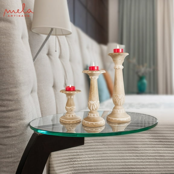 Mela Artisans Pakshi Candle Holders for Pillar Candles Set of 3, Mangowood Candle Holders, Natural White, 6” x 9” x 12”