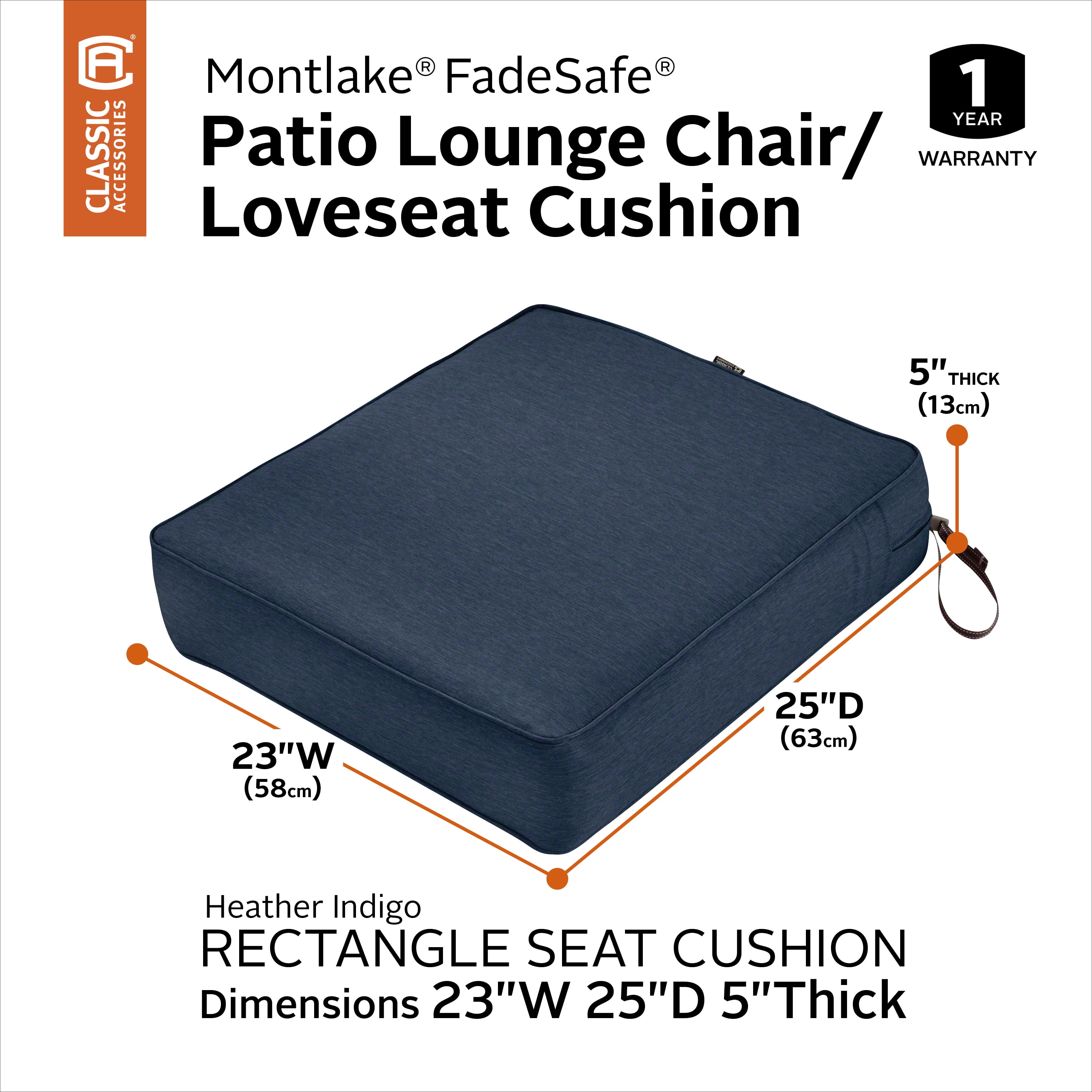 Classic Accessories Montlake FadeSafe Rectangular Patio Lounge Seat Cushion - 5" Thick - Heavy Duty Outdoor Patio Cushion with Water Resistant Backing, Heather Indigo Blue, 23"W x 25”D x 5”T