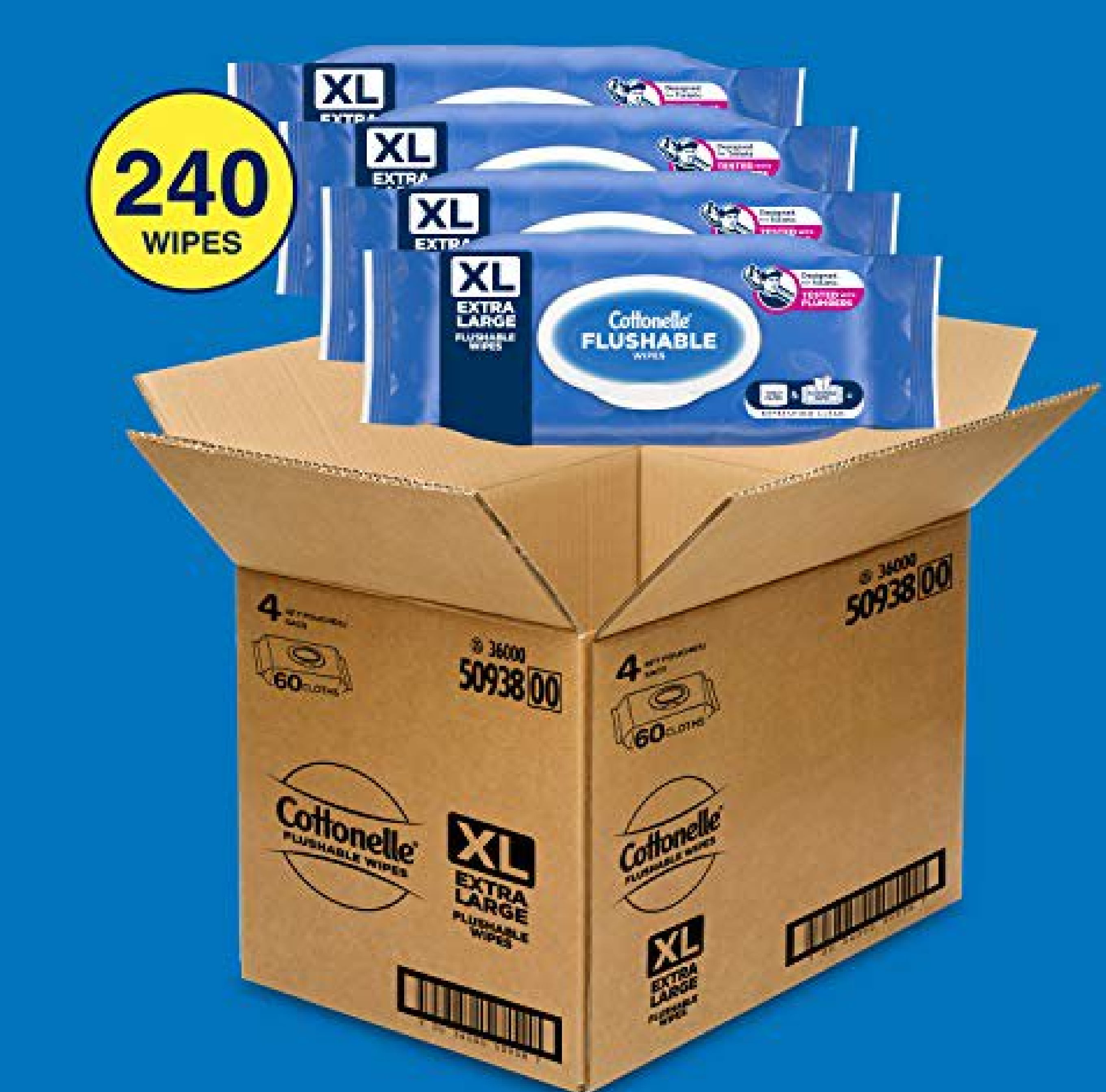 Cottonelle XL Flushable Wipes, Extra Large, 4 Flip-Top Packs, 60 Wipes Per Pack, 240 Total