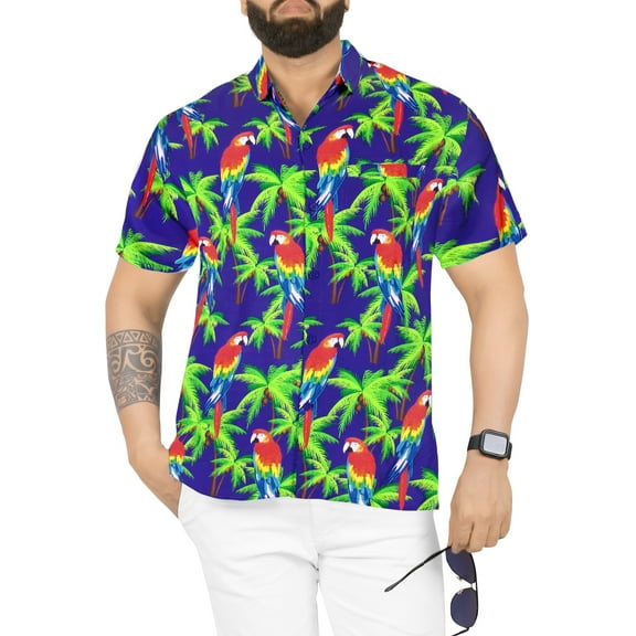 LA LEELA Men's Hawaiian Shirts Short Sleeve Button Down Shirt Mens Casual Shirts Holiday Tropical Beach Summer Party Shirts for Men Funny XXL Parrot Palm, Royal Blue