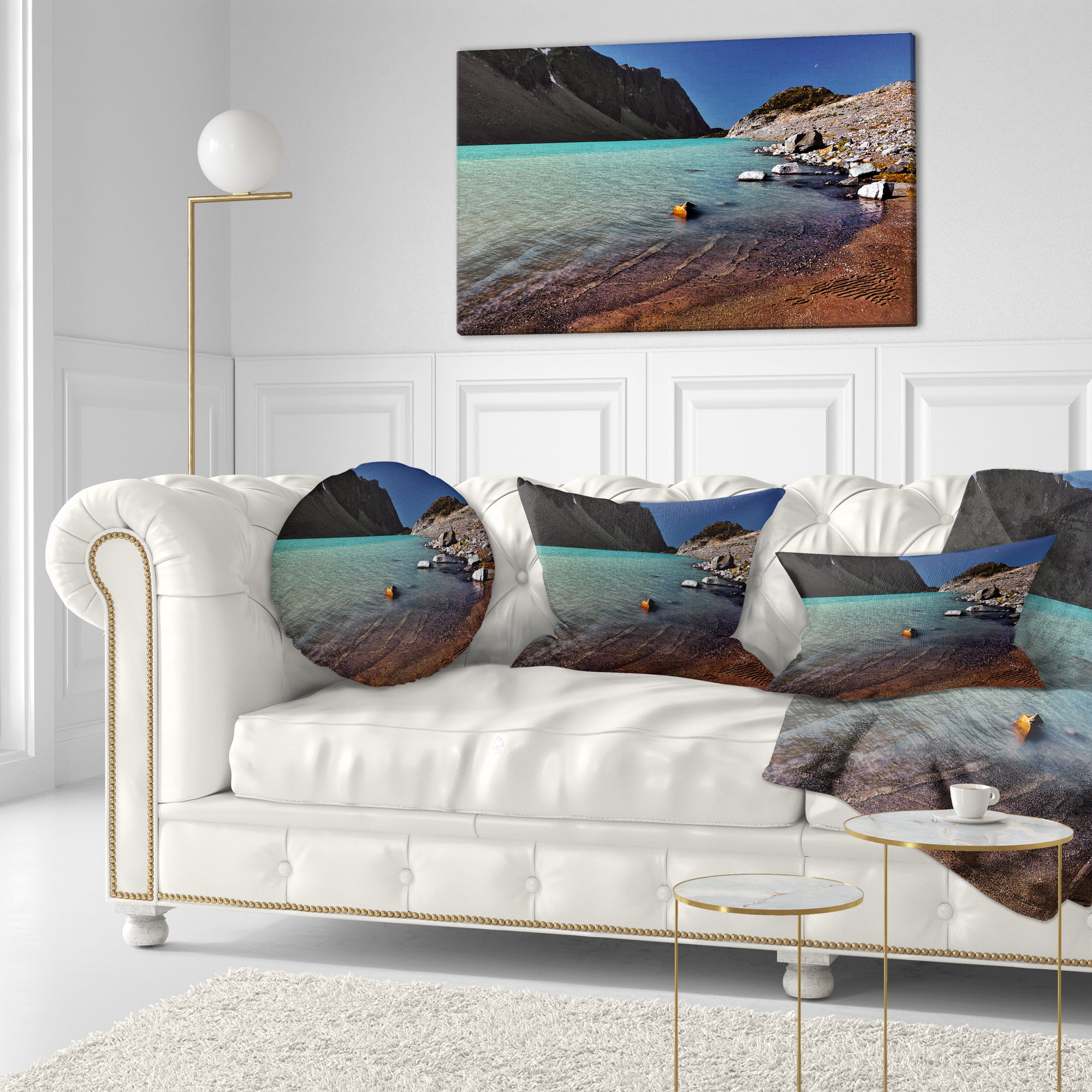 Designart Bright Blue Waters of Mountain Lake - Landscape Printed Throw Pillow - 12x20