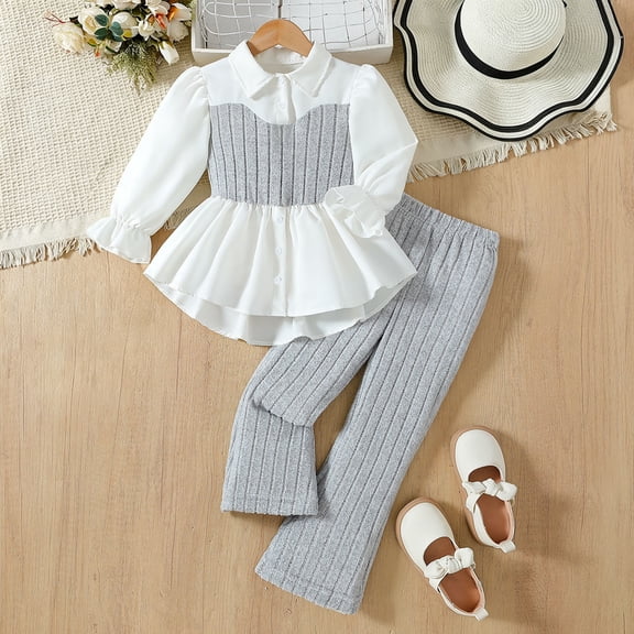 Mifsaly Little Girls 2 Piece Outfits Set Long Sleeve Button Down Peplum Shirt Tops and Ribbed Flare Pants Kids Fall Spring Clothes for School Daily Wear Fashion Boutique Suit