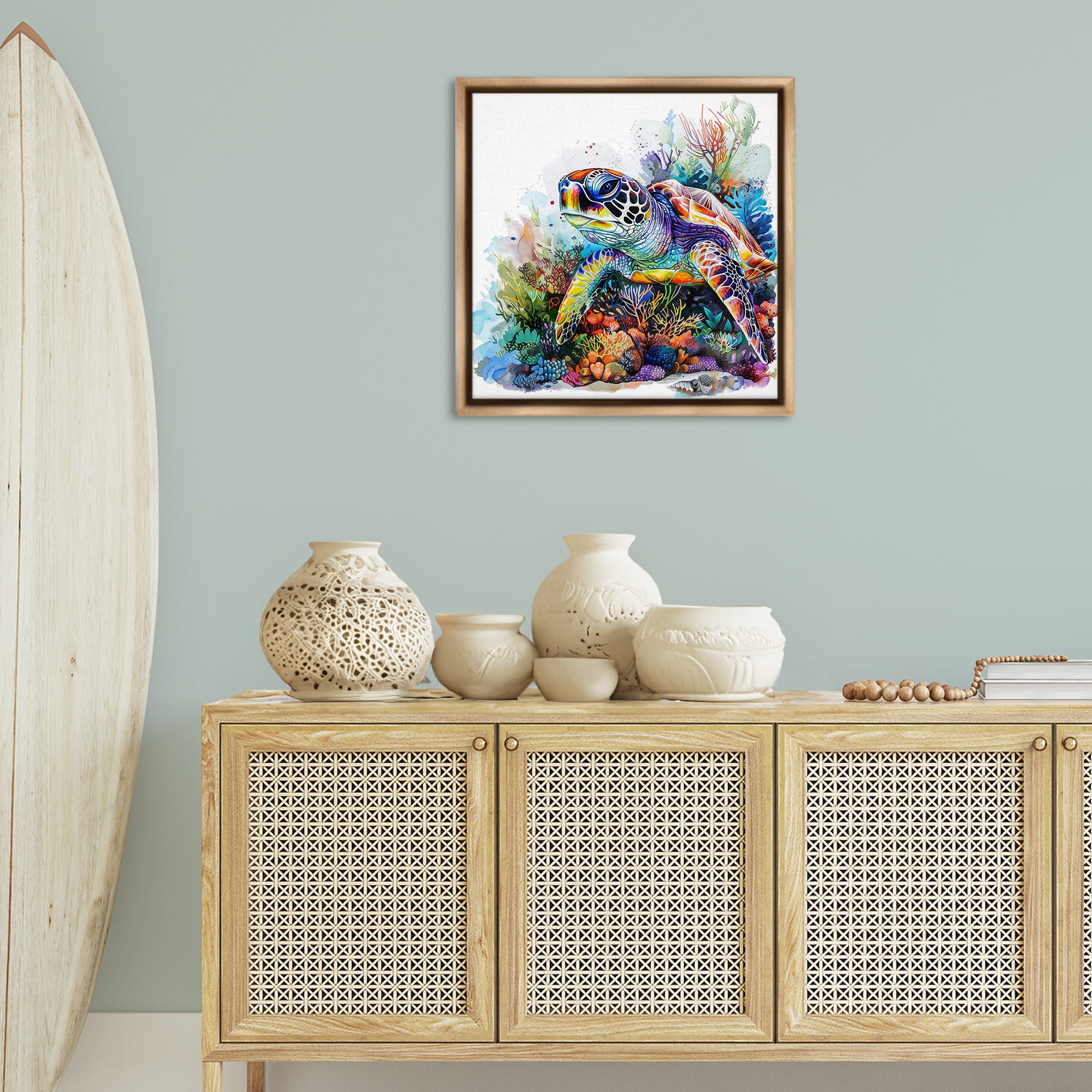 Stupell Industries Aquatic Sea Turtle Animals Painting Brown Floater Framed Canvas Art Print Wall Art, 25 x 25