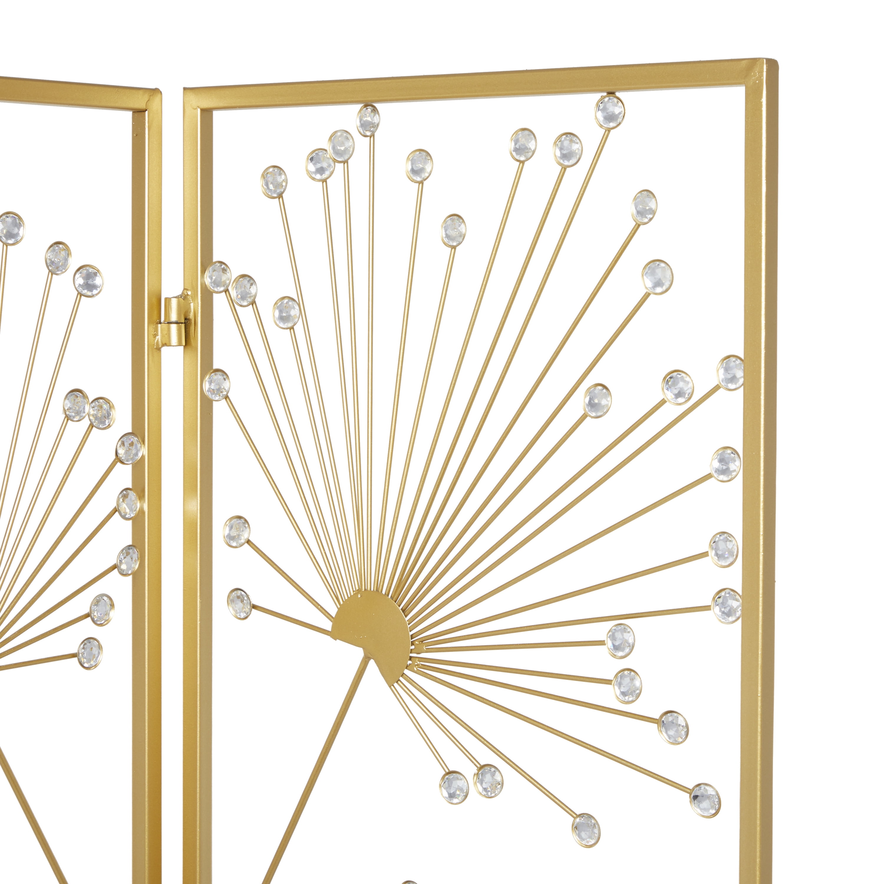 DecMode 46" x 71" Gold Metal Floral Hinged Foldable Partition 3 Panel Room Divider Screen with Crystal Embellishments, 1-Piece