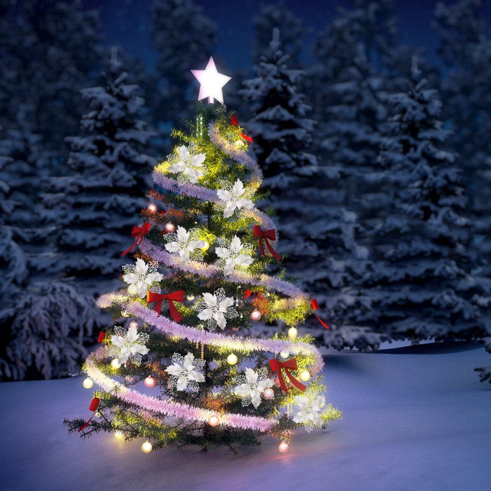 10 Pcs Ornements De Noël Décoration De Sapin De Noël Fleurs Artificielles Paillettes Fleur Creuse Artificielle Décoration 9Cm(Sans Clips