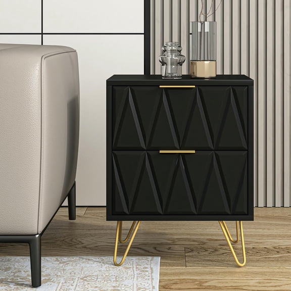 GVN Nightstand, Bedside Table,Black Nightstand with Gold Handle, Bedside Table with 2 Drawers & Gold Legs for Bedroom Living Room