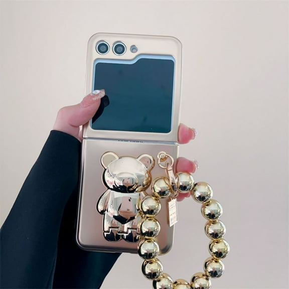 Haobuy for Samsung Galaxy Z Flip 5 Case with Chain Lanyard Kickstand Fashion Plating Silicone Plating Case for Girls-Gold