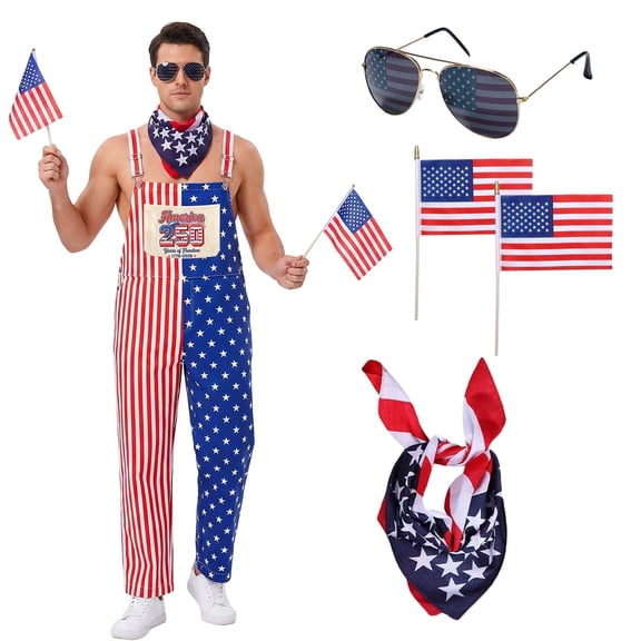 Alaiyaky American Flag Overalls Men 4th of July Patriotic Denim Romper Independence Day Outfits Bib Overalls for Men Adjustable Straps Jumpsuit Striped Coveralls